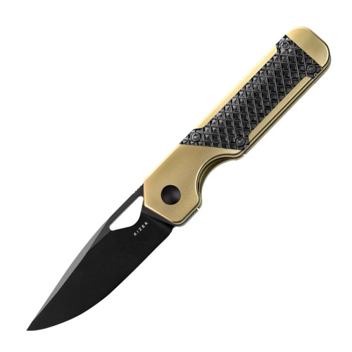 Kizer Mini Militaw Gold and Black 2.82 Inch Plain Black Drop Point Front Open