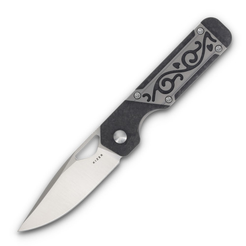 Kizer Mini Militaw Gray and Black 2.82in Plain Satin Drop Point Front Open 1