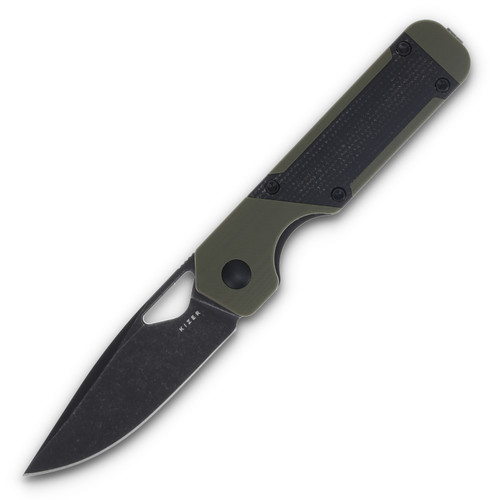 Kizer Mini Militaw Green and Black 2.82 Inch Plain Black Drop Point Front Open 1
