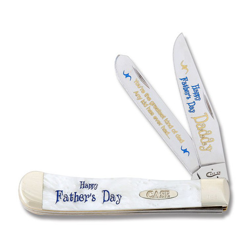 Case XX Heavenly Pearl White Corelon Happy Father's Day Daddy Trapper Folding Knife with Blue Blade Etch CAHPHFDD