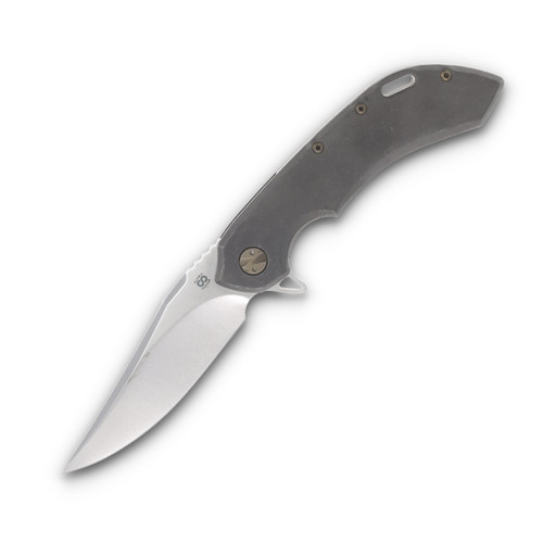 Olamic Wayfarer 247 Folding Knife 173B Satin S90V Bowie Stonewash Titanium with Filework