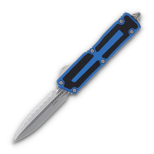 Microtech Scarab II Gen III D/E OTF Blue 3.88in Full Serrated Stonewash Dagger