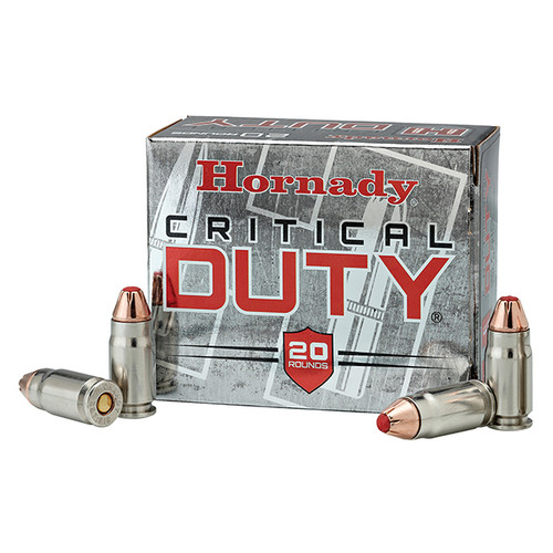 Hornady Critical Duty 9mm Luger +P Ammunition 25 Rounds Nickel Plated Brass Centerfire 124 Grain Flexlock PT