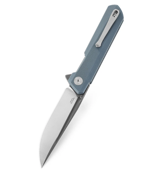 Bestech Knives Bestchman Flick Folding Knife Dundi Grey G-10 3.35” Titanized Satin D2 Blade. Open