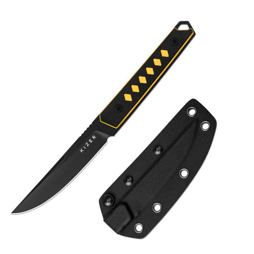 Kizer Kwaiken Black-Yellow G10 Fixed Blade Knife 3.94in Black Blade