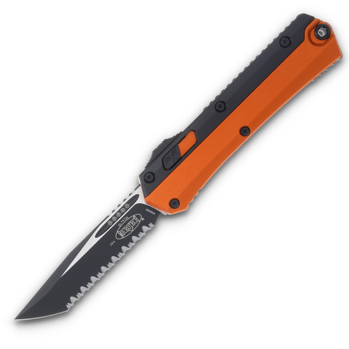 Microtech Glykon Auto OTF Orange Knife 3.75in Full Serrated Black Tanto Blade AUMT1853OR