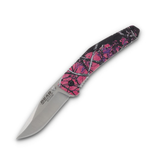 Bear & Son 215 Folding Knife Pink Camo 2.75in Plain Satin Drop Point Front Open 1
