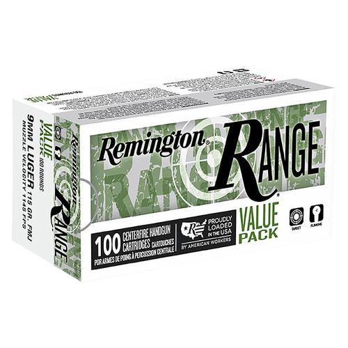 Remington Range 9mm Luger Handgun Ammunition 100 Rounds Brass Centerfire 115 Grain FMJ 