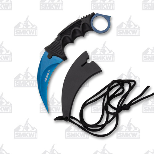 WarTech Karambit Neck Knife Blue 2.5 Inch Plain Blue Hawkbill with Sheath