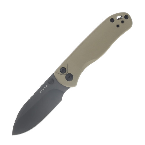 Kizer Drop Bear 2 Tan Aluminum 2.92 Inch Plain Black Drop Point V3619.2CD1
