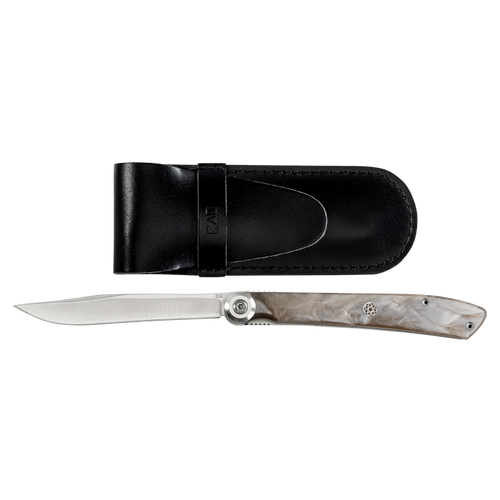 KAI USA Personal Steak Knife Champagne Acrylic Handle With Leather Sheath KAI5705X