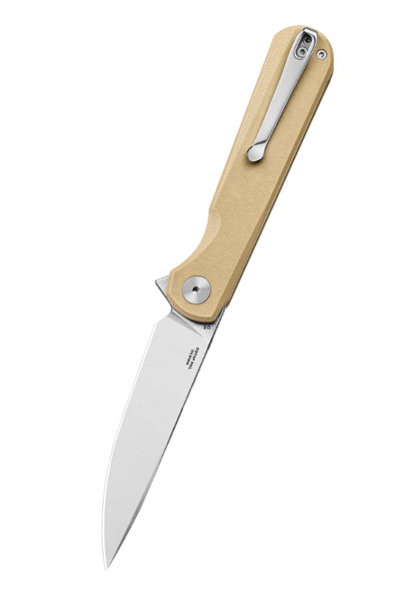 Bestech Knives Bestchman Flick Folding Knife Khaki G-10 3.49” Satin Stonewash D2 Blade. Open 