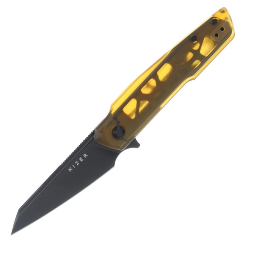 Kizer Skinner Yellow PEI 3.32 Inch Plain Black PVD Reverse Tanto V3725A1