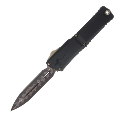 MICROTECH COMBAT TROODON LT – DOUBLE EDGE HOT BLUED BAKER FORGE COPPERMAI DAMASCUS HEFTED BLACK ANODIZED ALLOY BRONZED HARD CUT STAINLESS W/BRONZE TITANIUM ACCENTS
