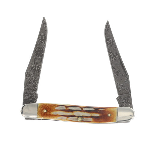 Case XX Burnt Natural Bone Deep Canyon Jigged Damascus Muskrat Folding Knife CA27231