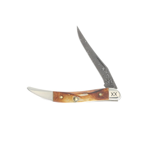 Case XX Burnt Natural Bone Deep Canyon Jigged Damascus Small Texas Toothpick Folding Knife CA27236