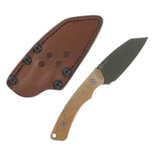 TACTILE KNIFE CO. TAYLOR MARTIN REDHAWK CPM-MAGNACUT GREEN CERKOTE REVERSE TANTO NATURAL MICARTA HANDLES LEATHER SHEATH FIXED 20-RL-MCSG-RMNA