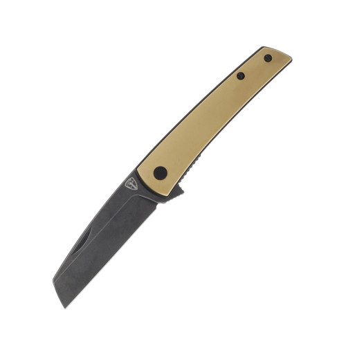 Finch Oxbow Folding Knife Brass 3in Plain Black Stonewash Sheepsfoot Front Open 1