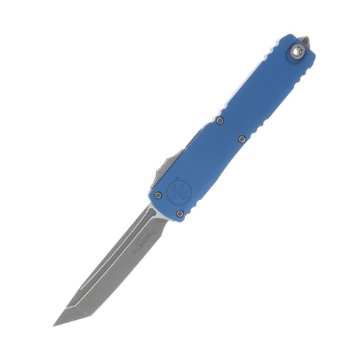 Microtech Ultratech OTF Automatic Knife Zero Blade Play Apocalyptic Drop Point/Blue AUMT112310APBL