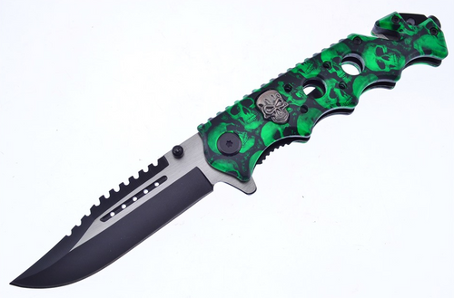 Frost Cutlery Tactical Assault Spring Assisted Linerlock Folding Green Skull Camo 3.5In. Drop Point FRTA016GS