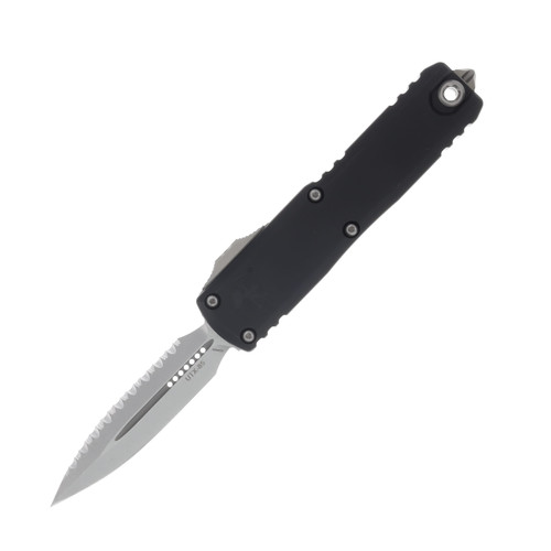 MICROTECH UTX-85 GEN IV OTF AUTO D-E  BLACK HANDLE STONEWASH FULL SERRATE DAGGER BLADE AUMT1232412