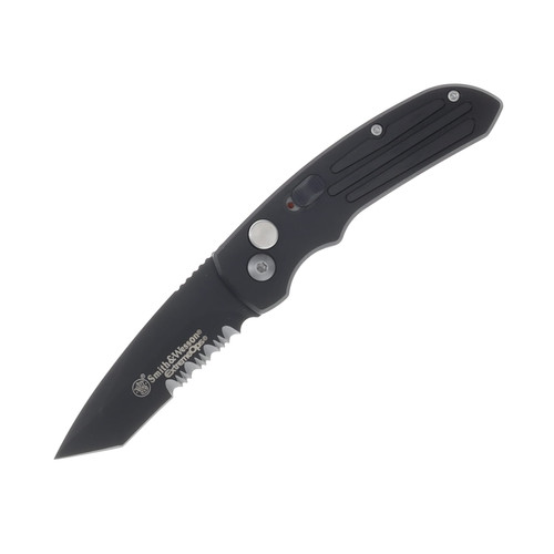 Smith & Wesson ExtremeOps Jr. Push Button OTS Auto Knife-Tanto Partial Serrated Blade-All Black WNS-WSW-40BTS
