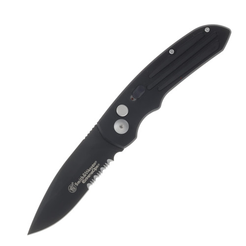 Smith & Wesson ExtremeOps Jr. Push Button OTS Auto Knife-Drop Point Partial Serrated Blade-All Black WNS-WSW-50BS