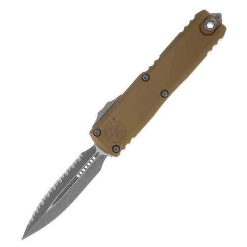 Microtech UTX-85 GEN IV OTF Auto D/E Apocalyptic Full Serrate Tan AUMT1232412APTA