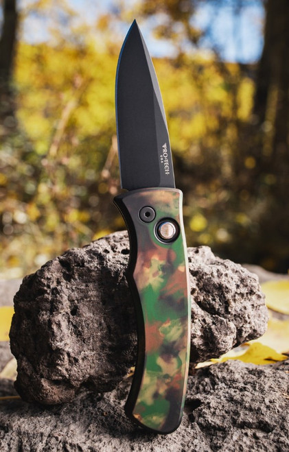 Pro Tech OTS Auto Duke 2 Woodland Camo Custom Aluminum Handle DLC Black Magnacut Blade AUPTDUKE2103-WOOD