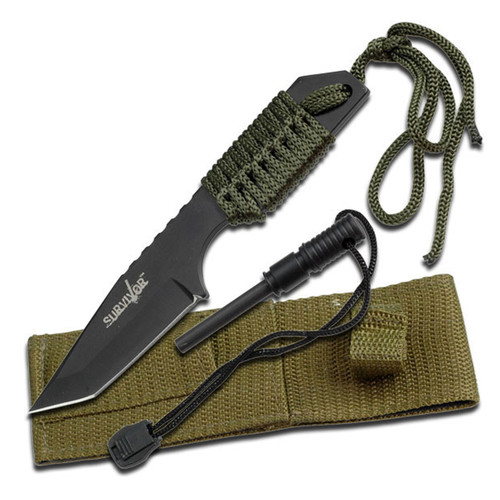 Survivor HK-106320 Fixed Blade Knife Green 3.25in Fine Edge Black Tanto
