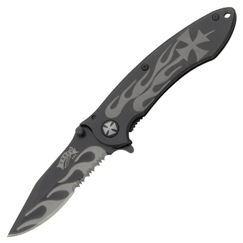 Frost Iron Cross Folding Knife Black SS Handle Black Part Serrated Blade FR106B