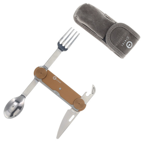 CIVIVI Partake Mult-Tool Coyote Brown Aluminum Handle SS Knife-Fork-Spoon-Can Opener W/Waxed Canvas Pouch C24032C-2