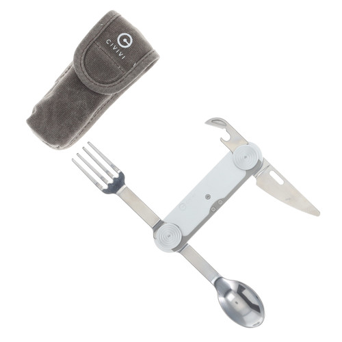 CIVIVI Partake Multi-Tool Silver Aluminum Handle SS Knife-Fork-Spoon-Can Opener Waxed Canvas Pouch C24032C-3 