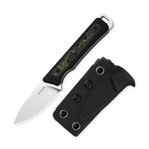 Kizer Whiskey Jack Fixed Knife Black-Green G-10 and Damascus G-10 Handle Satin AEB-L Blade
