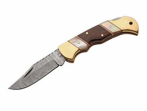 The Gentlemans Folding Knife Walnut Wood/MOP Handle Damascus Blade DM1420