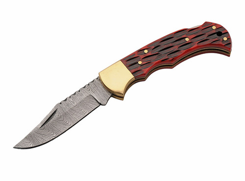The Emberlock Folding Knife Red Jigged Bone Handle Damascus Blade DM1419