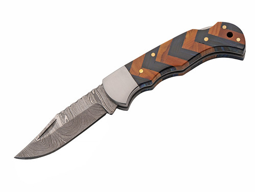 Forge & Iron Tide Folder Natural-Blue Wood Handle 2.75in Damascus Blade DM1416BL