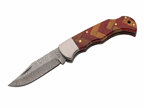 Forge & Savage Flare Folding Knife Natural-Red Wood Handle 2.75 Damascus Blade DM1416RD