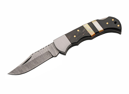 The Ebony Tide Folding Knife Buffalo Horn/MOP Handle Damascus Blade DM1421