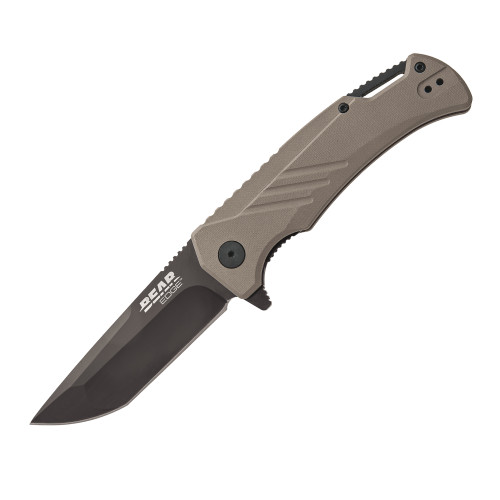 Bear & Son Bear Edge 4 1/2" Tan G-10 Handle Assisted Opener Black 440 Blade BR71139