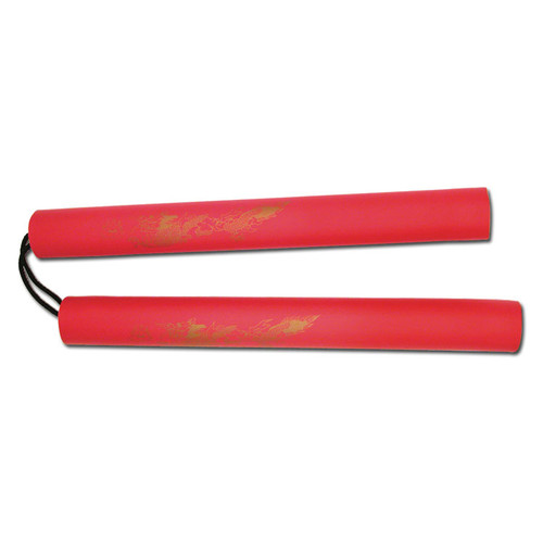Red Rubber Nunchaku Handle W/Dragon Etch and Nylon Cord DB801R
