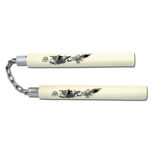 White Rubber Nunchaku Handle W/ Dragon Etch DB802W