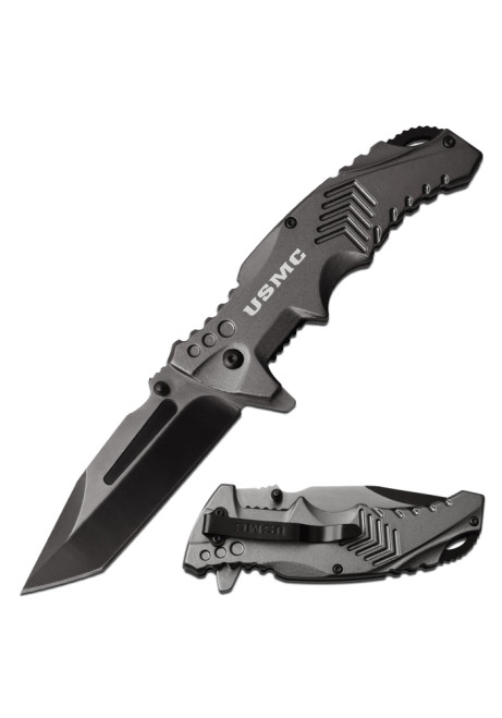 USMC Spring Assisted Grey Folding Knife Black Tanto Blade MCMA1058GY