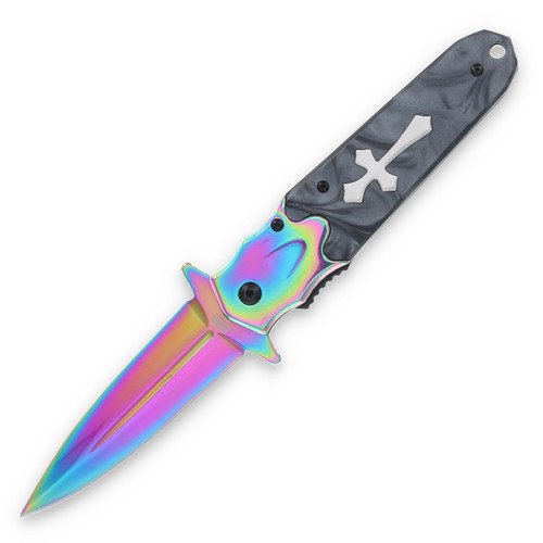 Frost Sharp's Cutlery AO Stiletto Folding Knife Black Resin Handle Rainbow Blade FRSHP20B