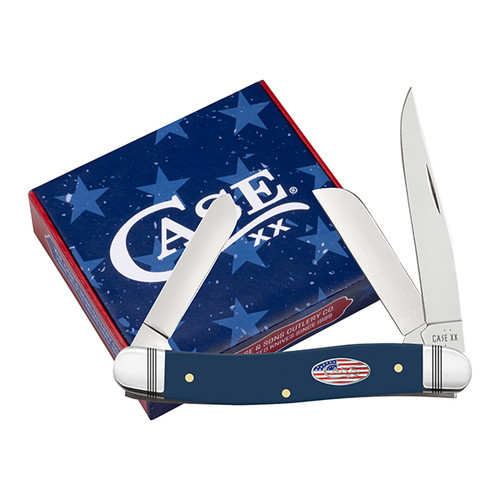 Case XX Smooth Blue Synthetic Medium Stockman with Stars and Stripes Shield and Collector's Cigar Box CA10863