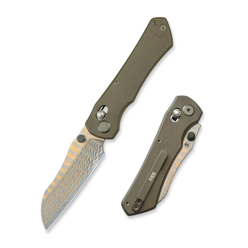 GEO Knife Komodo Damascus Steel & Copper Blade?10Cr15CoMoV) Stonewash Bronze Ti Handle Axis lock