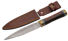 Scottish Dagger Fixed Knife Wood Handle 6.5in Damascus Blade W/Leather Sheath DM1410