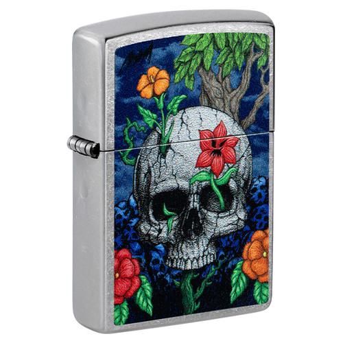Zippo Skull Design w Flowers Street Chrome ZP46939