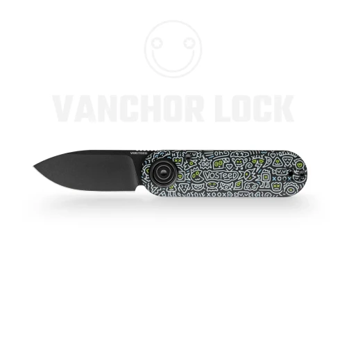 Vosteed Corgi V Folding Knife 14C28N Black Stonewash Blade Doodle Monster G10 Handle