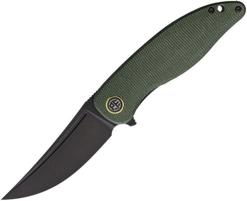 Petrified Fish Simum Linerlock Folder Black STN WSH Blade Green Canvas Micarta Handle
